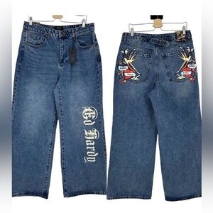 Ed Hardy Loose Fit Jeans Wide Leg High Rise Birds Heart